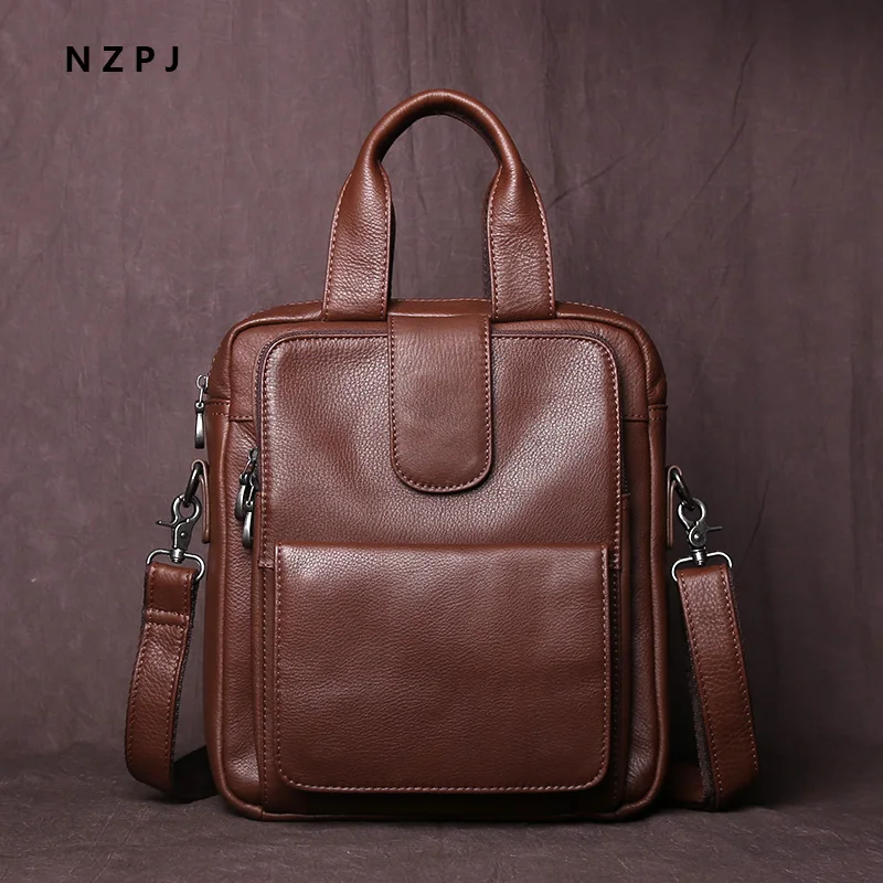 New Leather Men's Handbag Top Layer Cowhide Vertical Briefcase Retro Men's One-Shoulder Messenger Bag 12 Inch Ipad Bag NZPJ