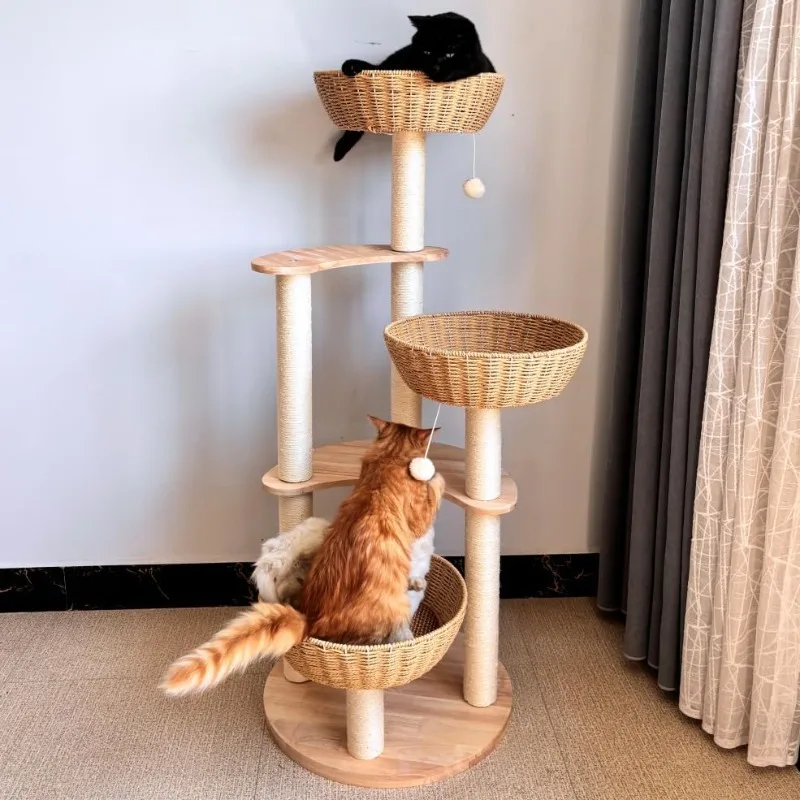 54" Modern Tree for Large Cats, Wood Luxury Multi-Level Oak Solid Wood Cat Trees with 3 Rattan Weaving