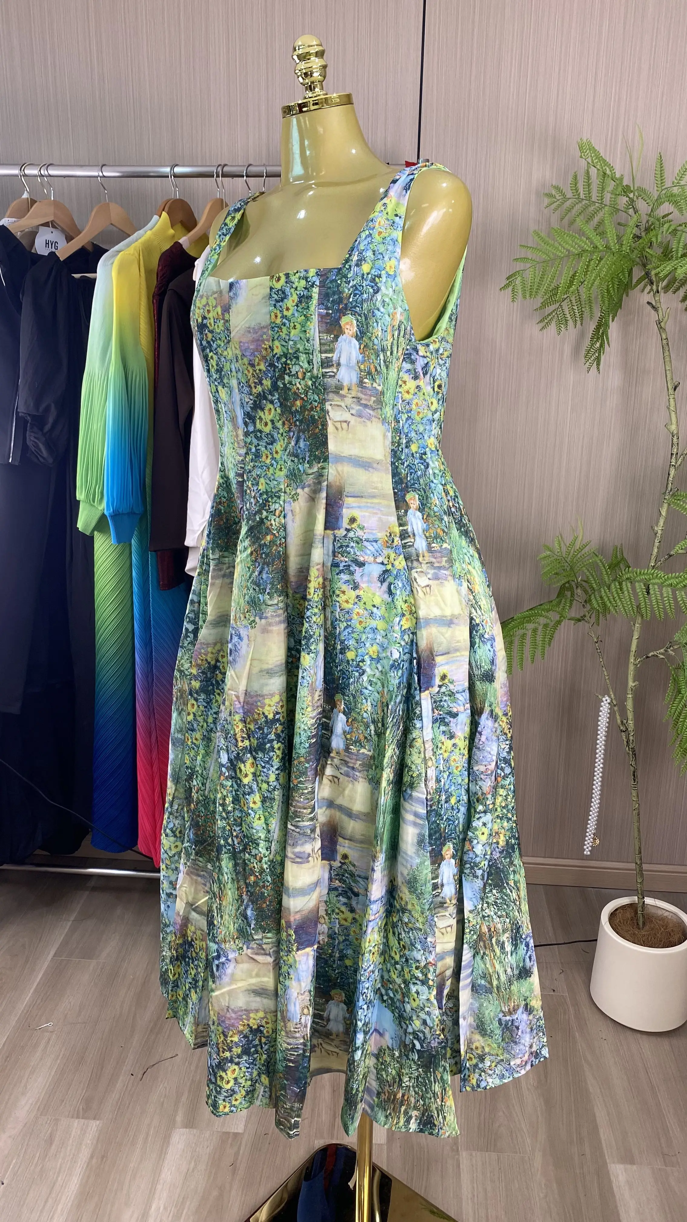 Spring 2026 New Women's Dress: Oil Painting Print Square-Neck Sleeveless Spaghetti-Strap Evening Gown-GZX1018