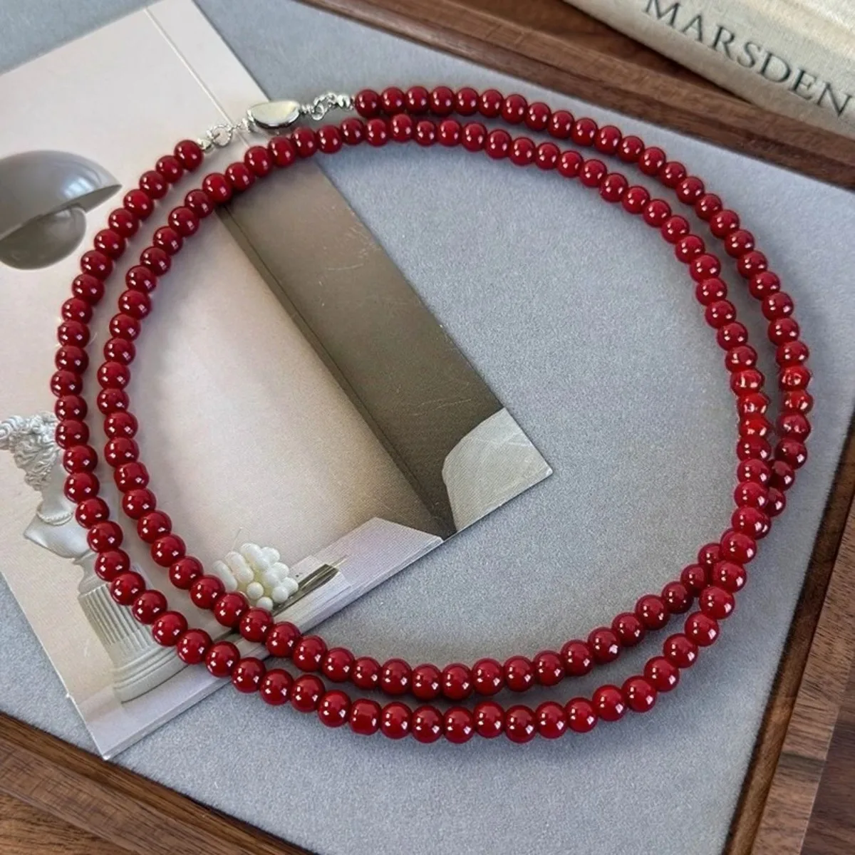Temperament 6mm Red Color Glass Beads Strand Beaded Necklace for Women Mujer Silver Plating Ingot Clasp Long Sweater Chain