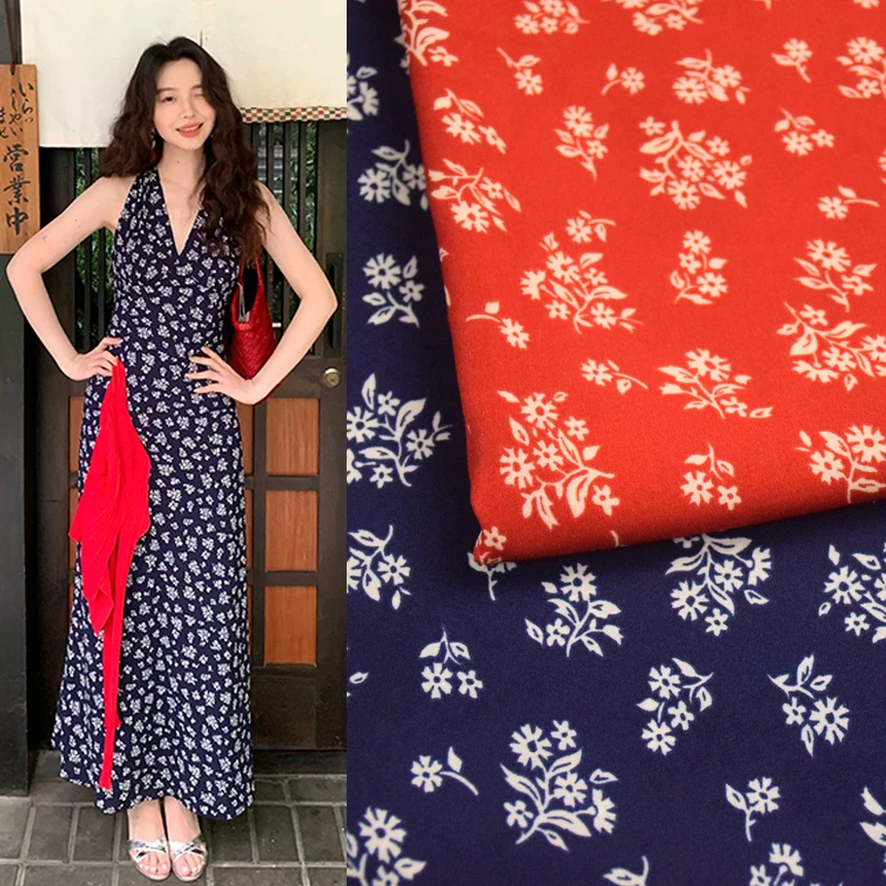 

Ethnic Style Wuzhen Blue Small Floral Double Crepe Chiffon Fabric Spring and Summer Shirt Dress Pants Soft Opaque