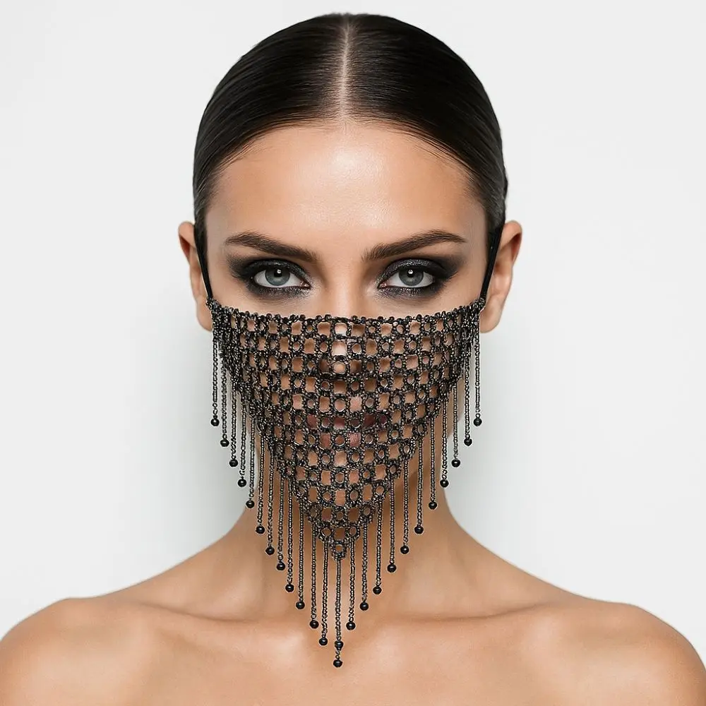 

Delicate Fishing Net Rhinestone Mask Bling Tassel Face Cover Hollow Shining Masquerade Mask Girl
