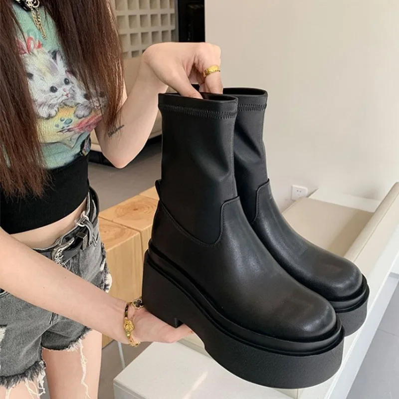 Big Walled Elastic Boots Make You Look Slim And Tall, Thick Soled Long Boots, High Boots For Women