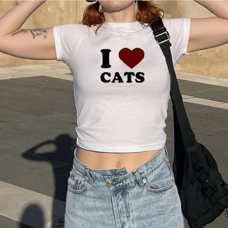 I LOVE CATS Pattern Print Fairy Core Cute Crop Top Baby Slim Tees Summer Women O-neck Short Sleeve T-shirt All-match Streetwear