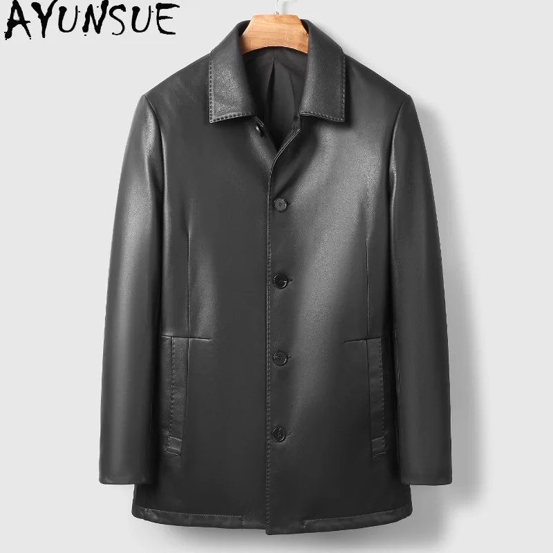 

AYUNSUE 100% Genuine Leather Jacket Men 2026 High Quality Top Layer Sheepskin Real Leather Trench Coat Mid-length Lapel Outwears