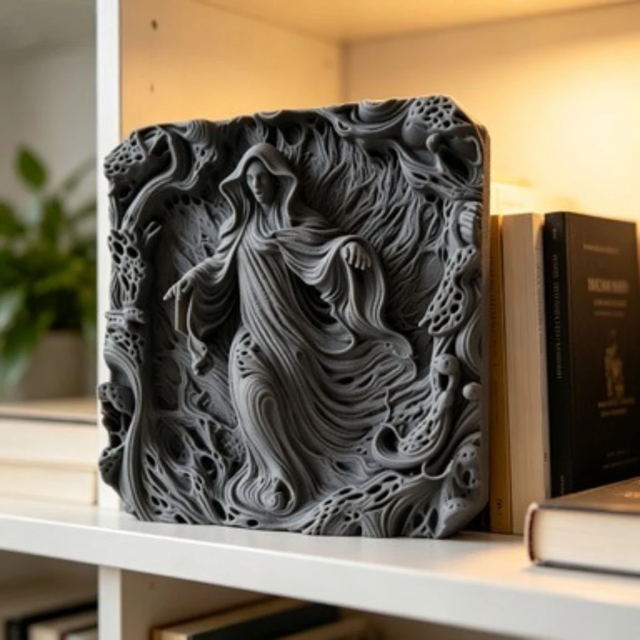 Fluid Organic Hooded Figure Relief Plaque Abstract Wavy Texture Sculpture Gothic Style Table Wall Art Decor Ornament 3D Printing
