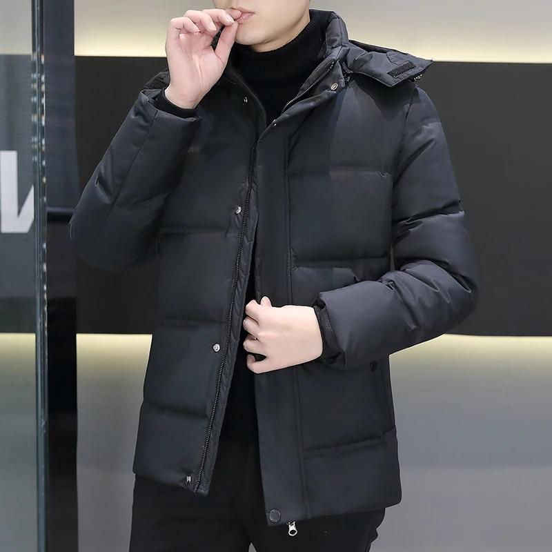 Casual Men's Warm Hooded Duck Down Jackets Detachable Hat 2025 Winter Solid Color Windproof Puffer Coats Outwear Padded Clothing
