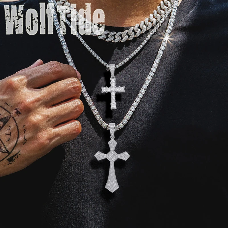 

Iced Out Cubic Zirconia Cross Pendants Necklaces for Men Women Baguette CZ Stone Luxury Hip Hop Punk Rock Jewelry Accessories