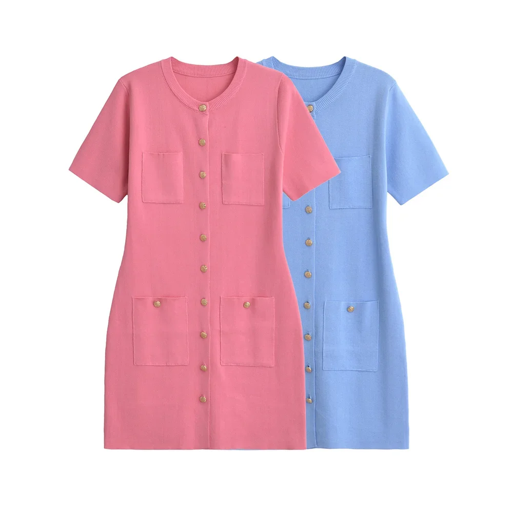 

LIBIELIY 2025 Summer New Women's European And American Style Short Sleeve Round Neck Pocket With Gold Button Knitted Mini Skirt