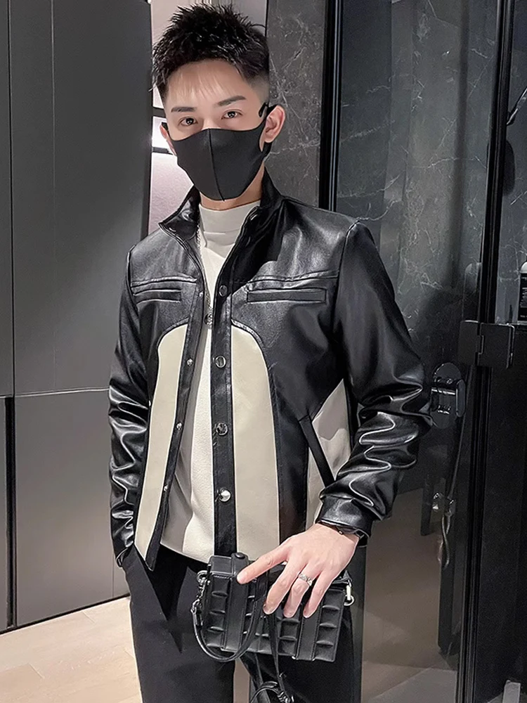 

Spring Autumn Fashion Brand Color Block Stand Collar Motorcycle Leather Jacket Men's Short Style Outerwear Top Youth Popular