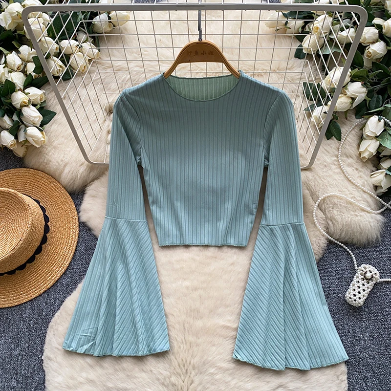 Fall Women's Sexy Y2K Unique Statement Flare Sleeve T-Shirt V Neck Slim Fit Cropped Top Stylish Base Layer Tee Female TS016