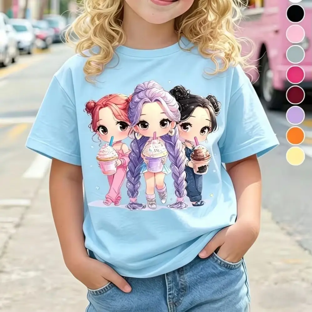 Children's Kpop Popular Cartoon Print T-Shirt Tops Clothing Design Casual Harajuku Style Round Neck Short Sleeve Girl Clothing