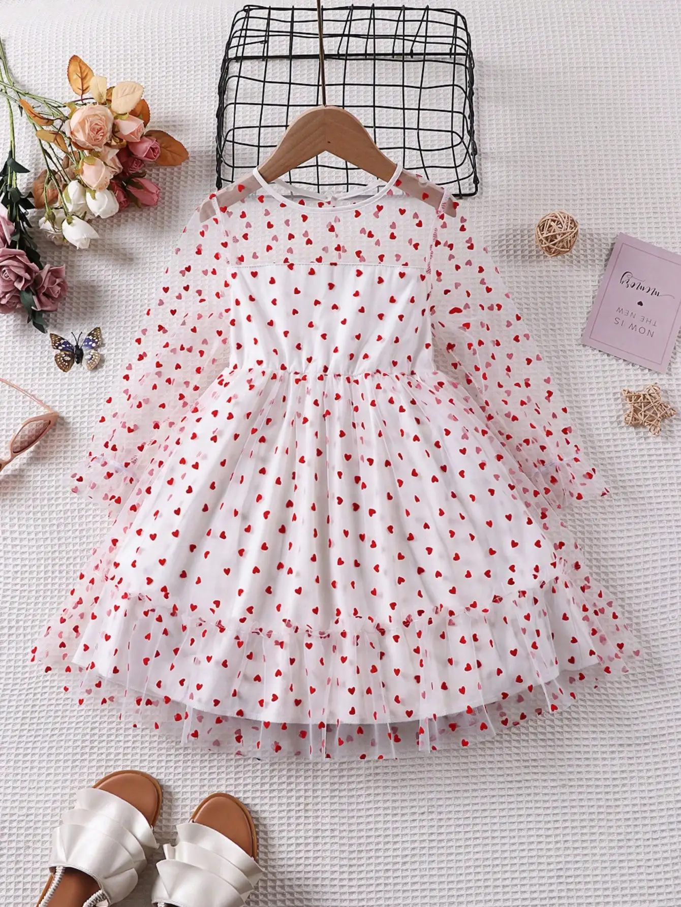 Children's Casual, Elegant, and Comfortable Trumpet Shaped Pattern Printed Two-Layer Long Sleeved Pleated Skirt Dress