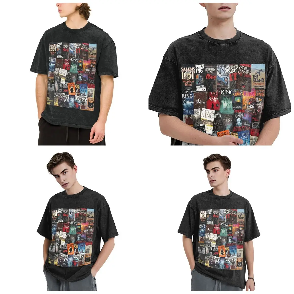 Stephen King Book Covers, Horror Bookworm Hip Hop Short Sleeve T-Shirts Washed Tops Tees Streetwear T Shirt Casual for Men woman