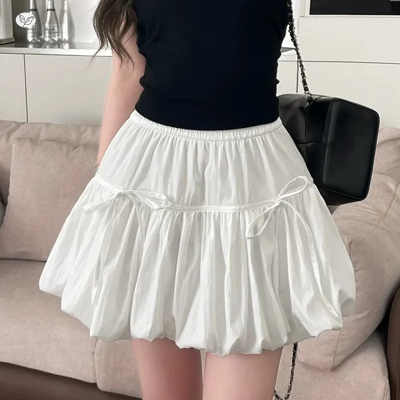 School Girls Puffy Balloon Mini Skirt Elastic Waist Bowknot Pleated Cute Skirt Kids Summer Daily Party Casual Wear for Teens