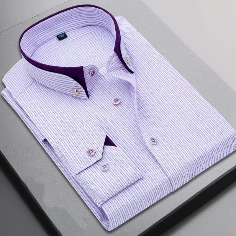 Men's Casual Stand-up Collar Workwear Plaid Pinstripe Slim New Long-sleeved Shirt