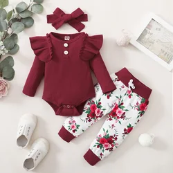 0-2 Year Old Newborn Baby Girls Spring And Autumn Round Neck Long Sleeved Jumpsuit With Floral Printed Pants Fashion Set