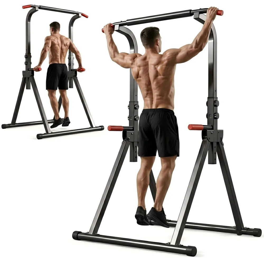 Foldable Standing Power Tower for Pull-Ups Dips and Leg Raises – 6-Level Height Adjustable with Secure Knobs, Heavy-Duty Steel Frame Supports 440 lbs, Non-Slip Rubber Feet, Compact Foldable Design, Perfect for Home Gym Backyard Garage or Outdoor Training
