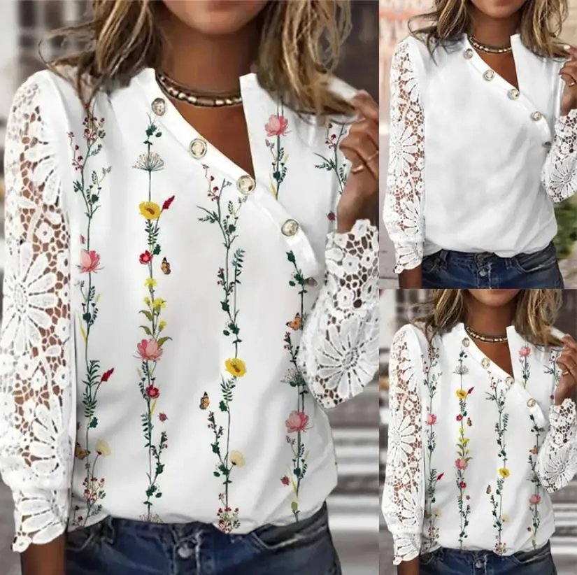 

Autumn and Winter T-shirt for Female 2023 New Fashion Temperament Petal Sleeve Button Collar Flower Print Blouse