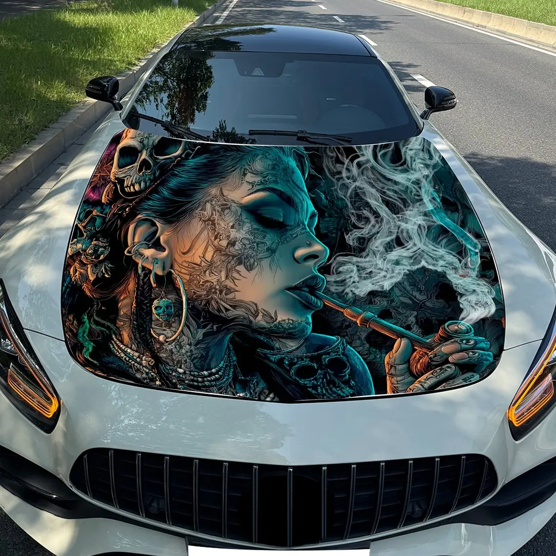 Gothic Tattoo Women Car Hood Wrap Colorful Vinyl Waterproof Sticker For Trucks, Decorative Bonnet Graphics And Auto Accessories