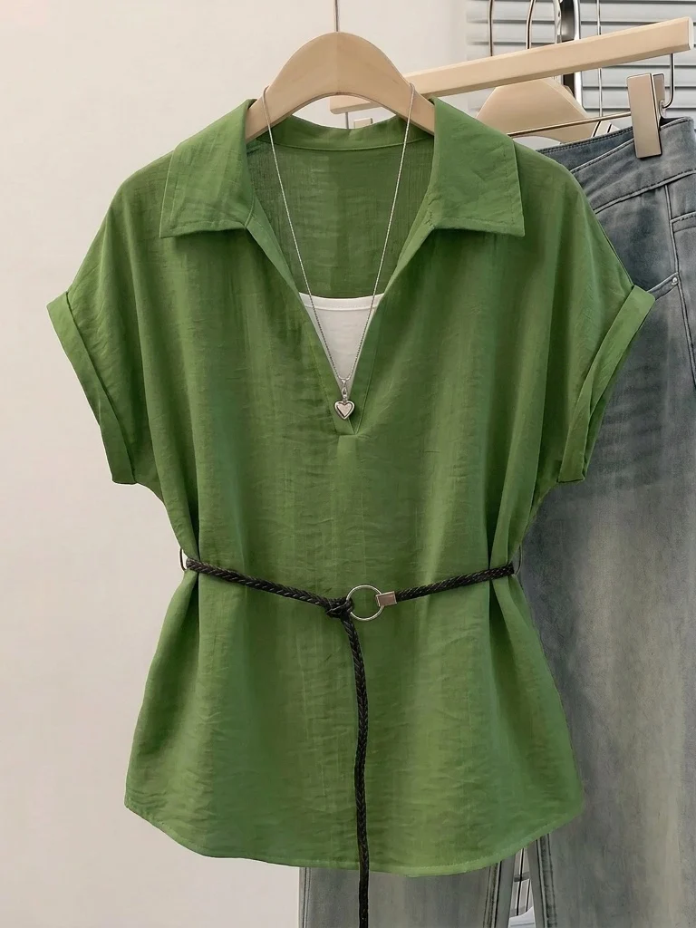 

Green V-Neck Short Sleeve Shirt Women's Loose Fit Mid-Length Two-Piece Style Korean Style Commute Wind Summer New plus Size
