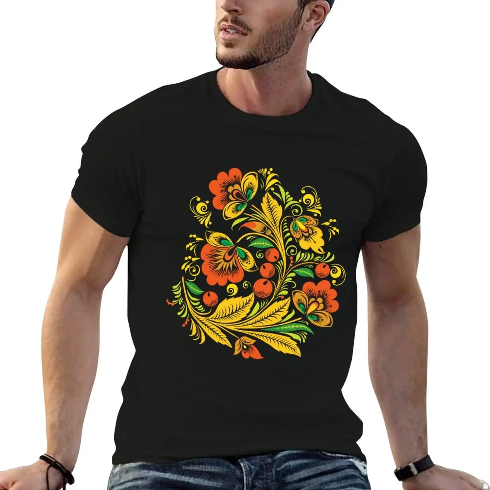 

Khokhloma flower T-Shirt man t shirt summer t shirts for man pack cotton T-Shirt