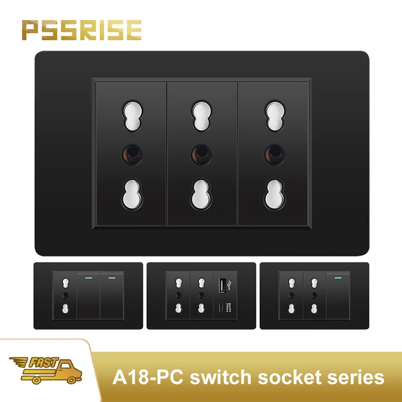 

PSSRISE Black EU Italy A18 PC Panel Wall Socket 5V 2.1A USB Type-c Charging Power Socket Light Switch TV Phone Computer Socket