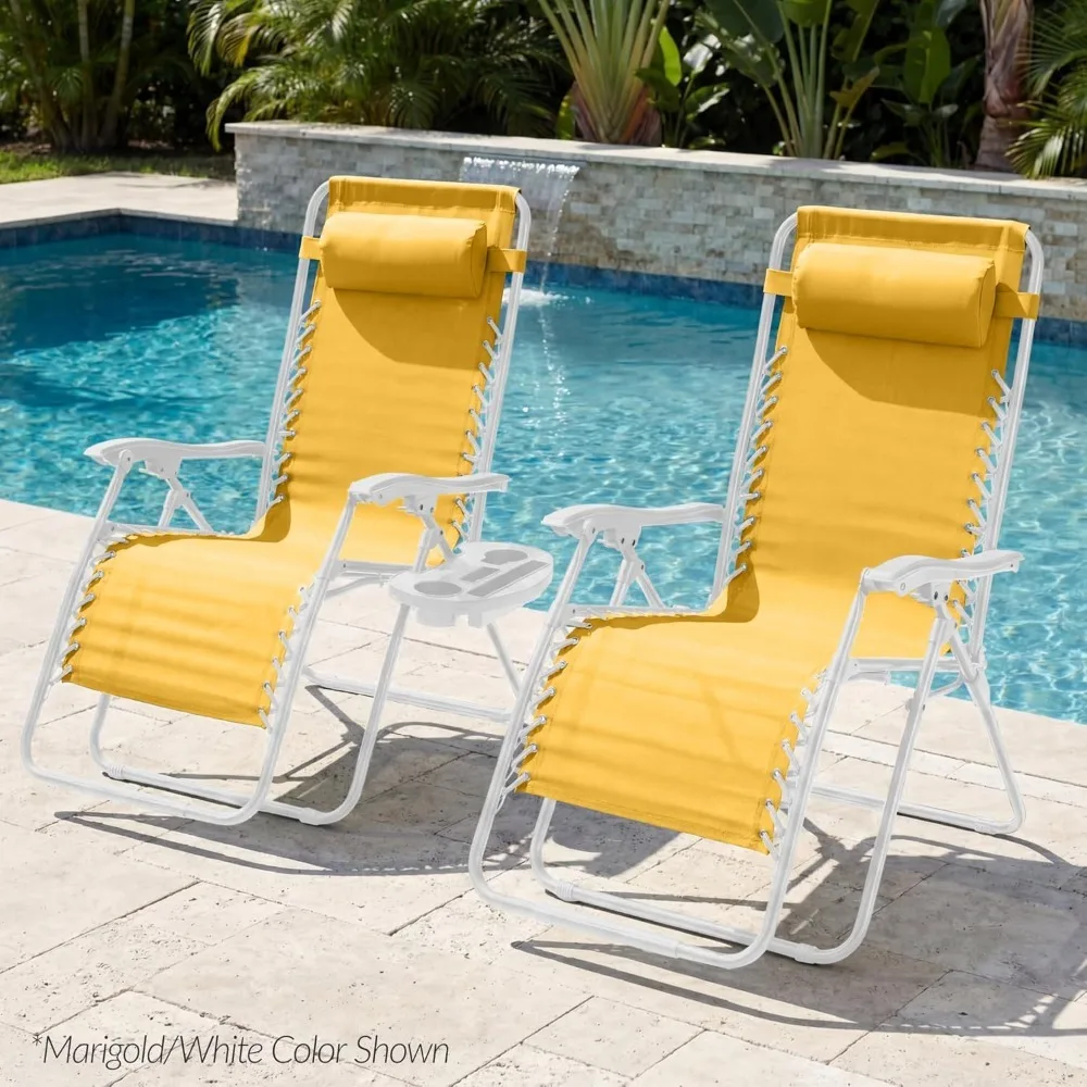 

Set of 2 Extra Wide Adjustable Steel Mesh Zero Gravity Lounge Chair Recliners W/Pillows and Cup Holder Trays, Customized