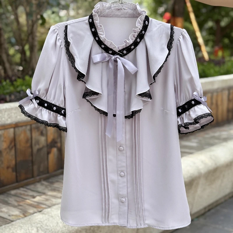 Summer Japanese Rojita Short-sleeved Shirt Heavy Industry Lolita Cute Sweet Blouse Wooden Ear Edge Lace Splicing Lace-up Blusas