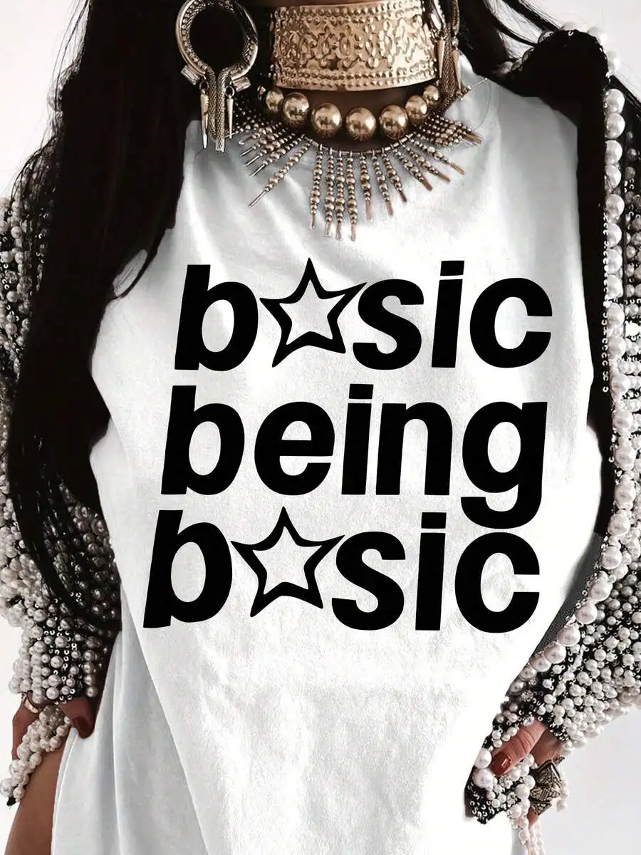 

Basic Printed T-Shirt For Women Cotton Crew Neck Casual Summer Top