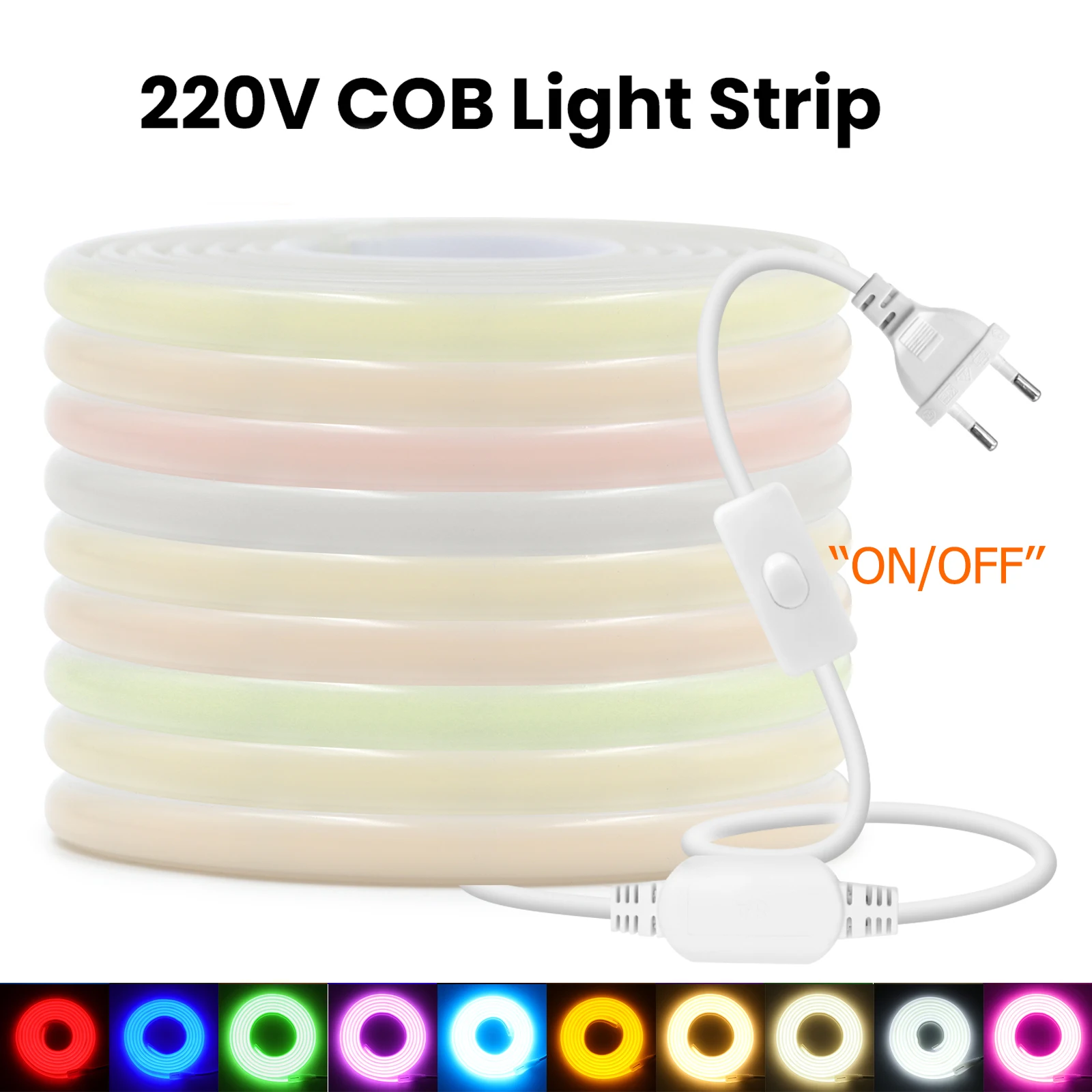 

220V Super Bright COB LED Strip with Switch Flexible Tape Ribbon EU Plug White/Red/Blue/Pink Neon Lights For Kitchen Room Garden