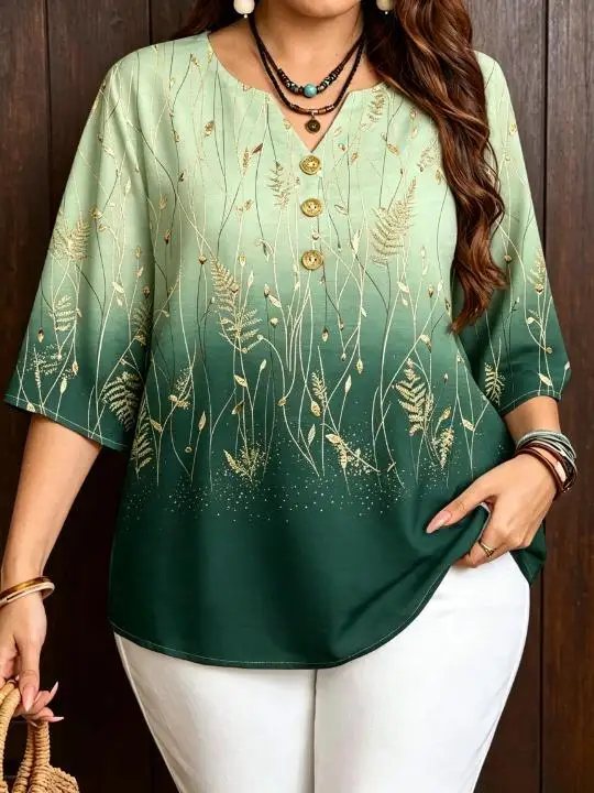 6 Colors Gradient Golden Line Plant Print Women Blouses Notch V Neck 3 Decor Buttons 3/4 Sleeve Elegant Loose Shirts