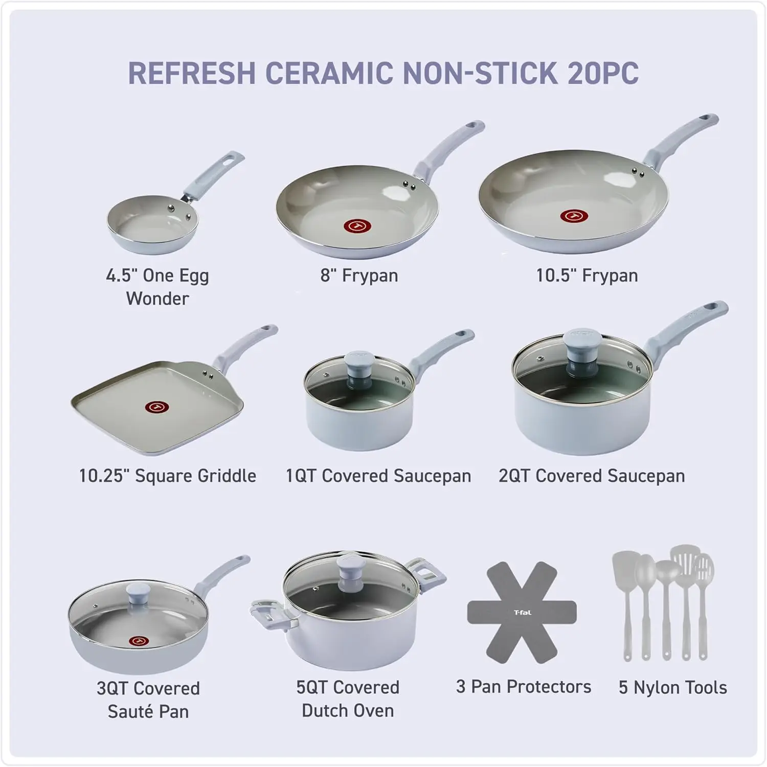 Set peralatan masak keramik antilengket, Set peralatan masak 20 buah, Oven Broiler aman 350F, Set dapur dengan wajan telur, wajan, panci,