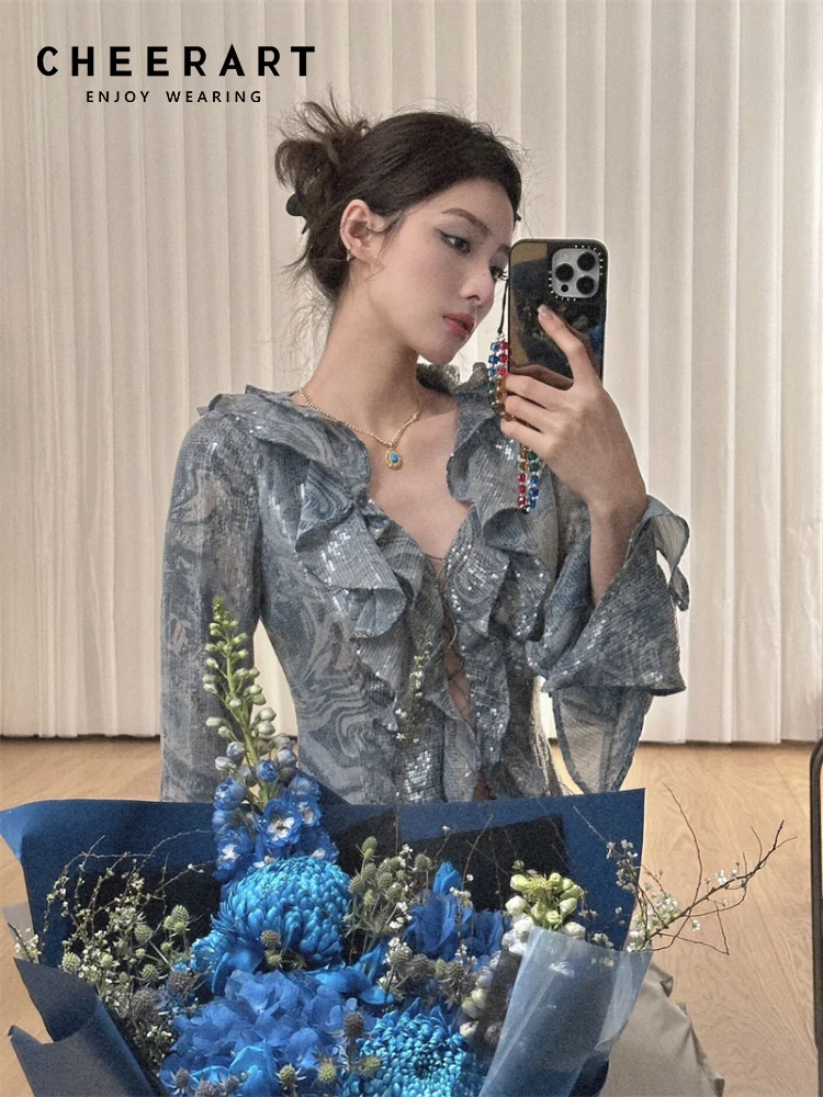 CHEERART Blingbling Sequin Glitter Ruffles Long Sleeve Shirt Fashion Top Bandage Blouses Luxury Designer Clothing Women