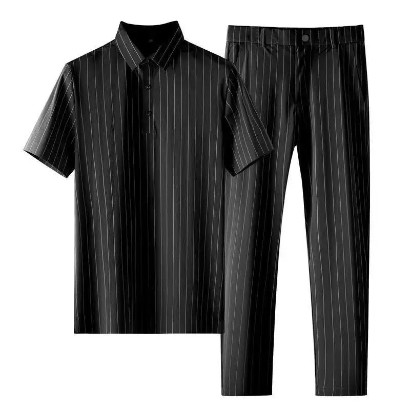 Conjunto de dos piezas de camisa Polo a rayas de seda de hielo para hombre, traje de pantalones de manga corta informal de negocios de alta gama,