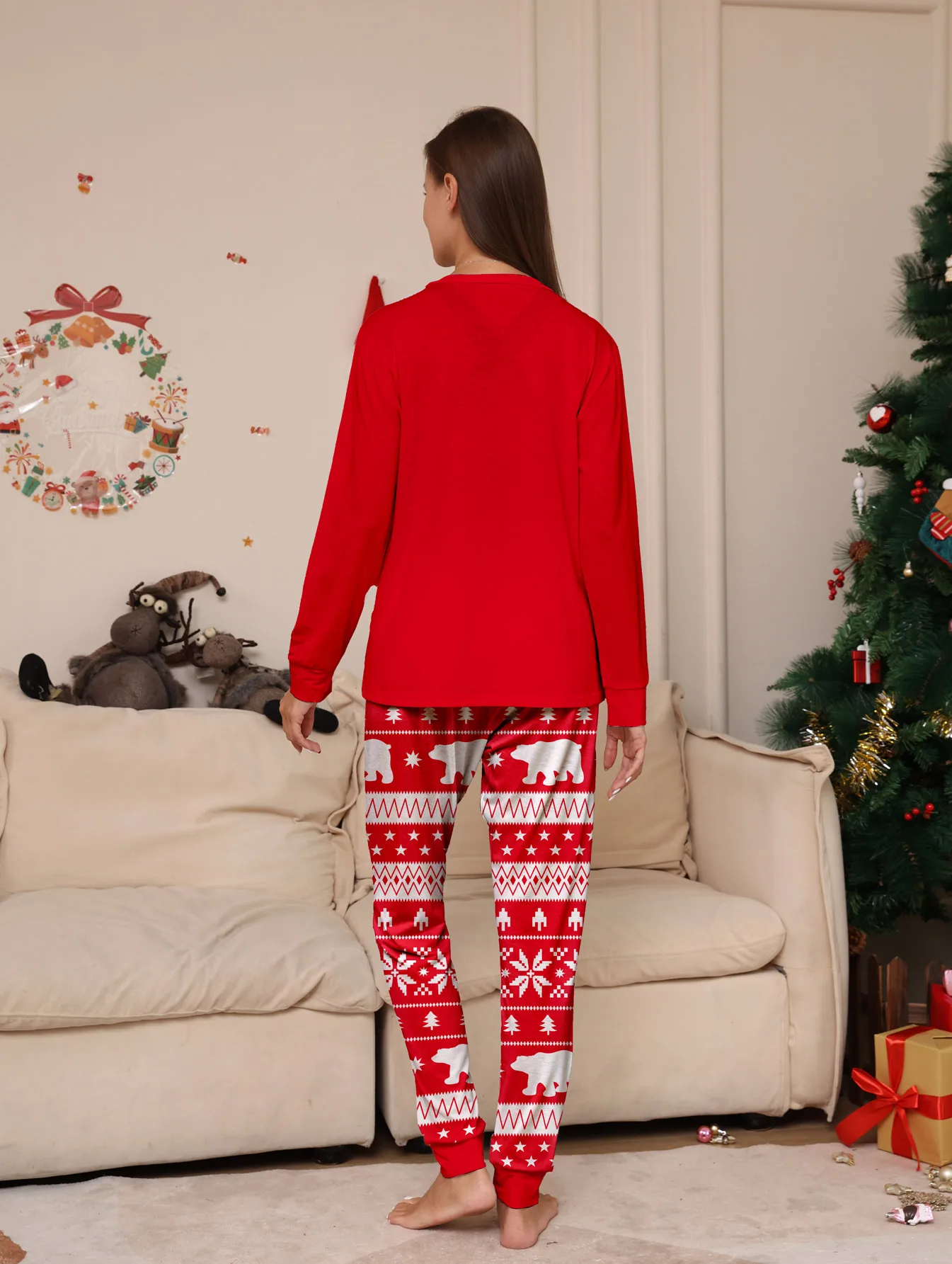 Couple Matching Christmas Pajamas Set Long Sleeve Red with Christmas Tree Polar Bear Print Sleepwear