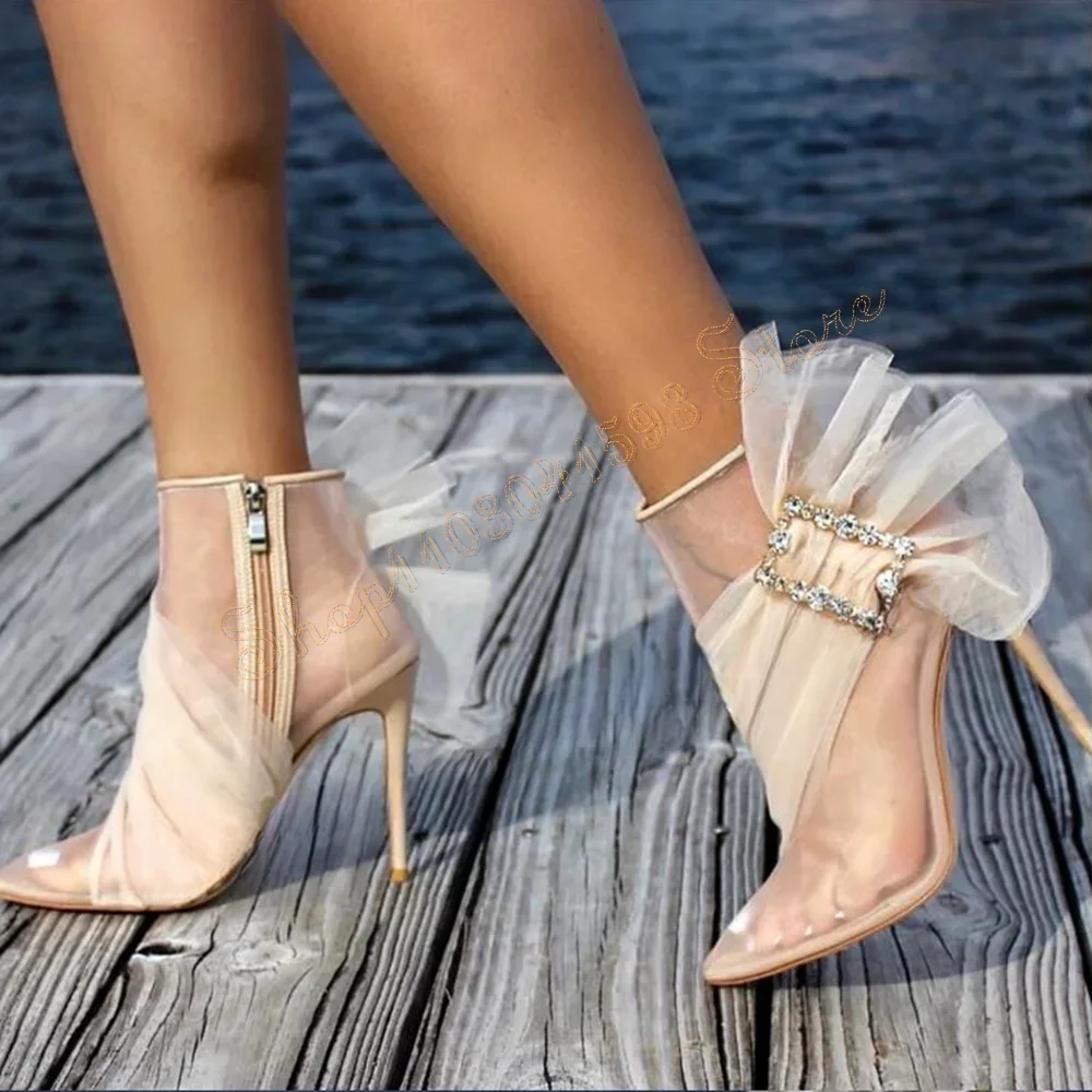 

Buckle Decor Side Zipper Mesh Boots Stilettos High Heels Ankle High Heel Shoes for Women Sexy Heels 2025 New Zapatos Para Mujere