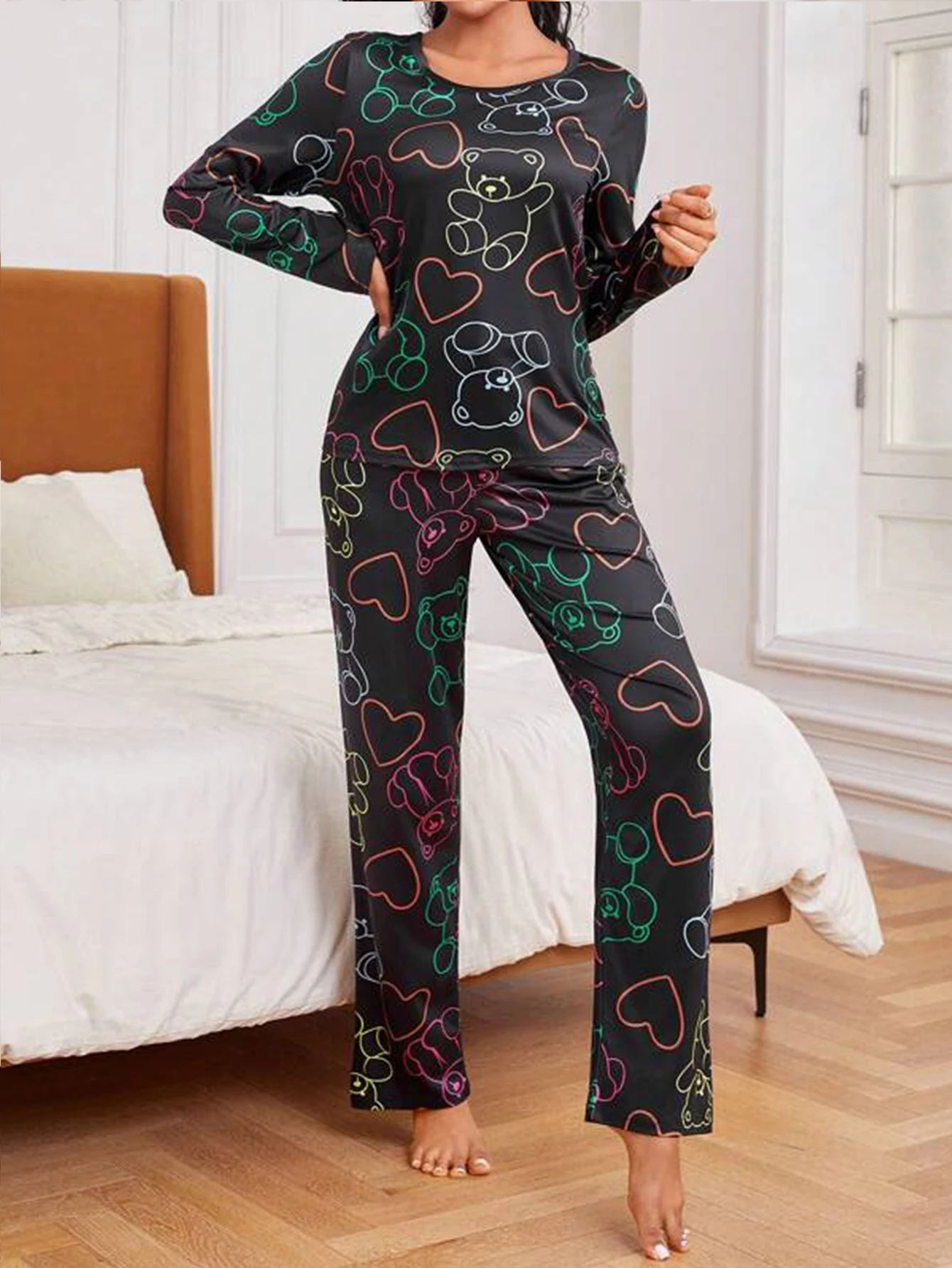 Casual Heart & Bear Print Pajamas Set Long Sleeve Crew Neck Top & Pants Women\'s Sleepwear Loungewear