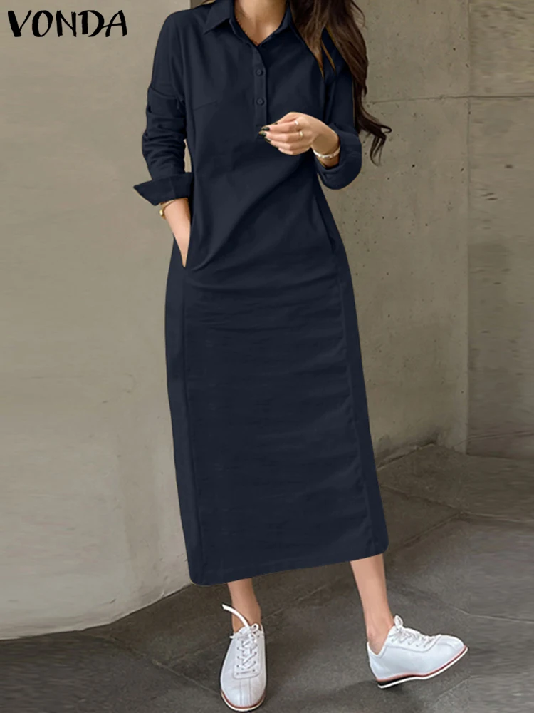 Vonda elegante camisa longa vestidos femininos manga longa lapela gola sólida maxi vestidos 2025 outono botões bolsos festa robe femme