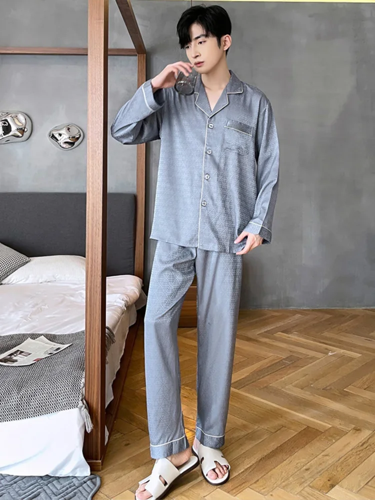 New Geometric Printed Pajama Set for Men's Loose 100%  Silk Solid Color Home Clothes Thin Long Sleeve