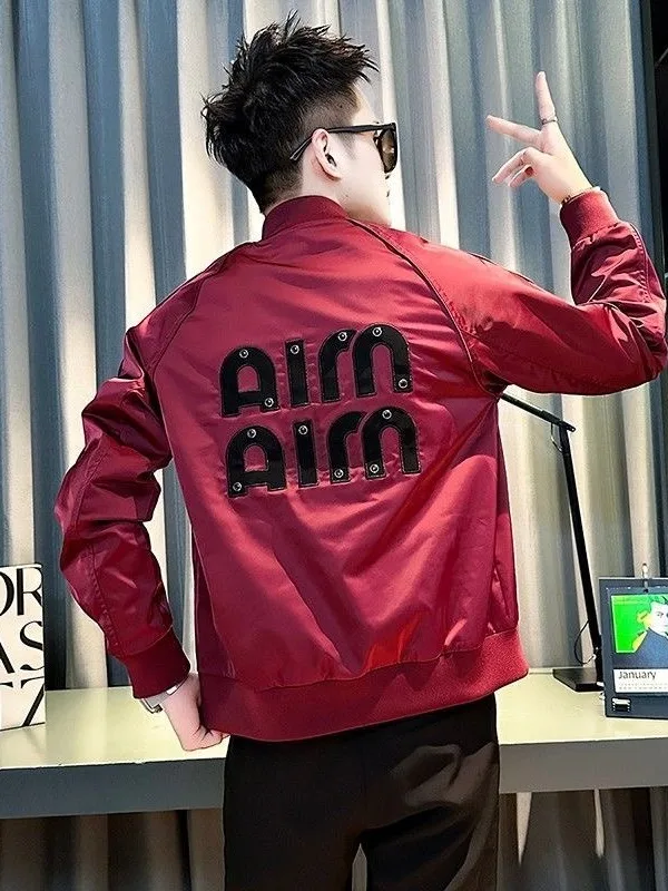

Red Slim Fit Men's Baseball Collar Jaet Faionable Trendy ort Sle Spring Autumn Versatile Outerwear Casual Urban Wear