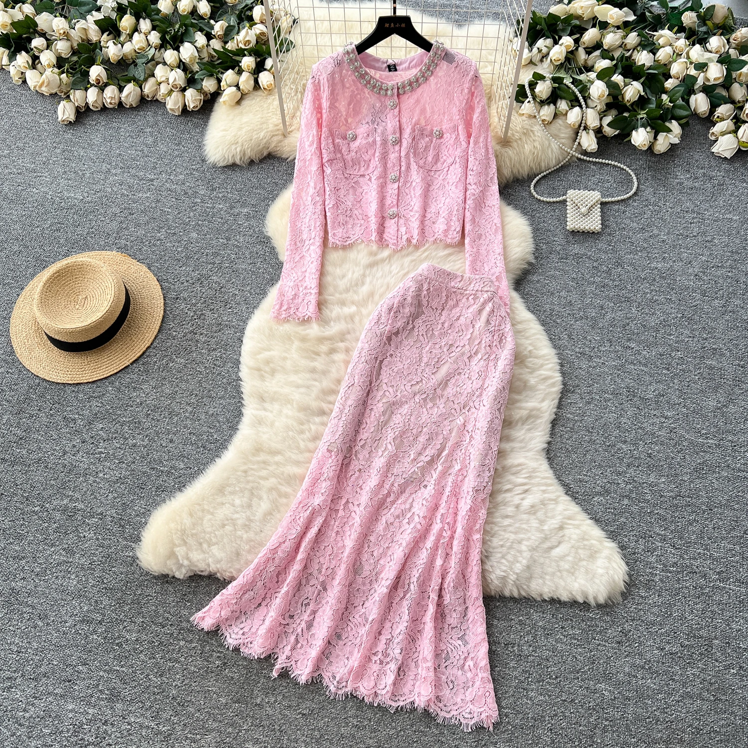 

Осенний французский роскошный элегантный модный банкетный комплект из двух предметов, женский кружевной вязанный крючком топ + длинная юбка-русалка, тяжелый рабочий комплект