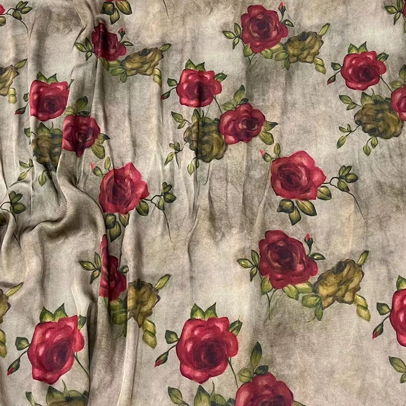 2023 New Red Flower Pattern Copper Spandex Printed Fabric for Women\'s Clothing High end Show Designer DIY Sewing Fabric