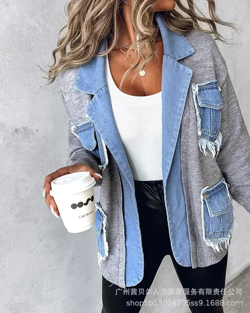 Raw Hem Cardigan Women Sweaters Patchwork Notched Collar Knitted Denim Jackets Jumpers Pockets Thick Coats Autumn Winter Outwear