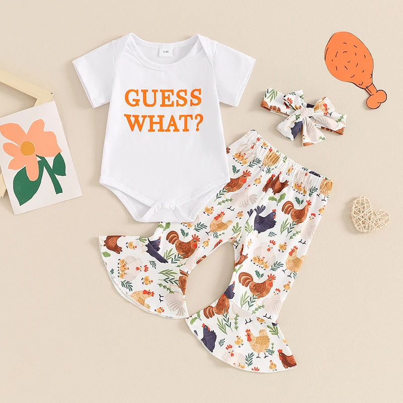 

2024-03-19 Lioraitiin 0-18M Baby Girls Summer 3PCS Sets Short Sleeve Romper Tops Chicken Print Flared Pants Headband Sets