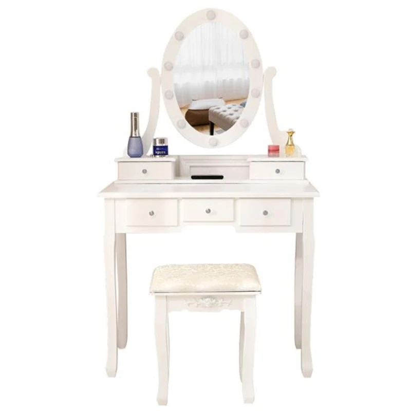 Dressing Table with Sliding Mirror and Stool Makeup Desk Cosmetic Table with 5 Drawers Light Bulbs Set for Bedroom