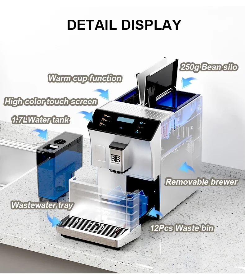 Automatic Espresso Coffee Maker Brew System Stainless Steel Housing 20 Bars Pressure /US 12-Cup Capacity Energy Efficient