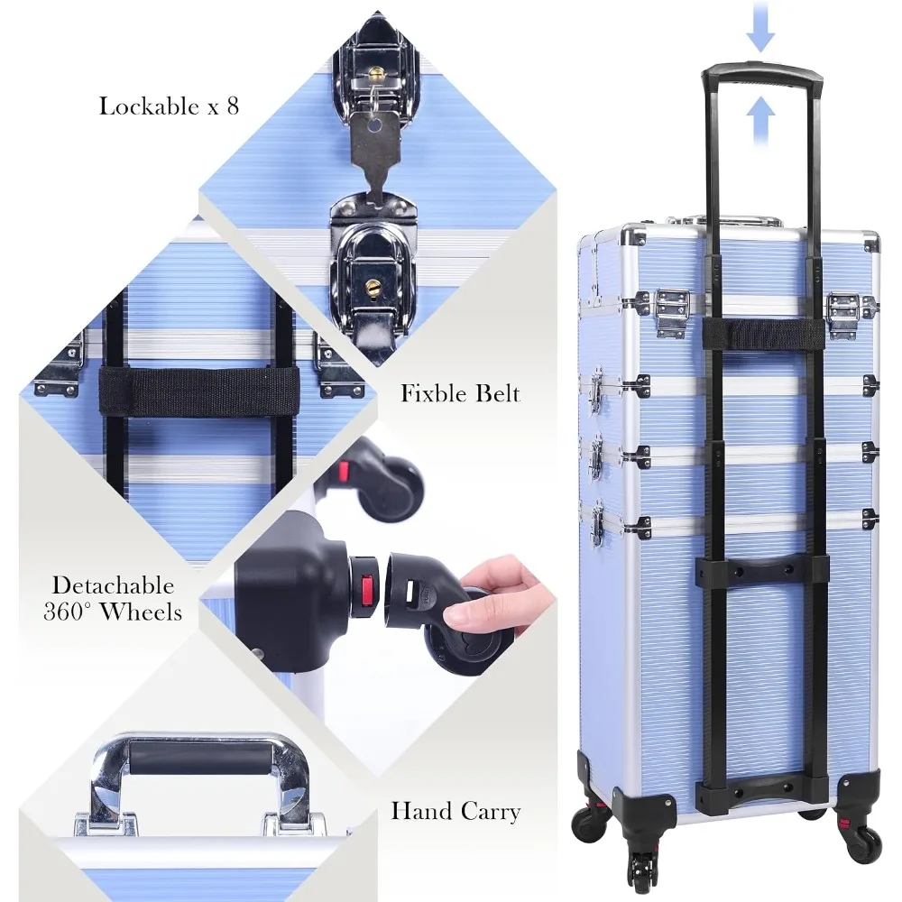 5-in-1 Rolling Makeup Train Case, Large Professional Cosmetic Trolley with 360° Swivel Wheels, Lockable Aluminum Travel Case for Artists view 4