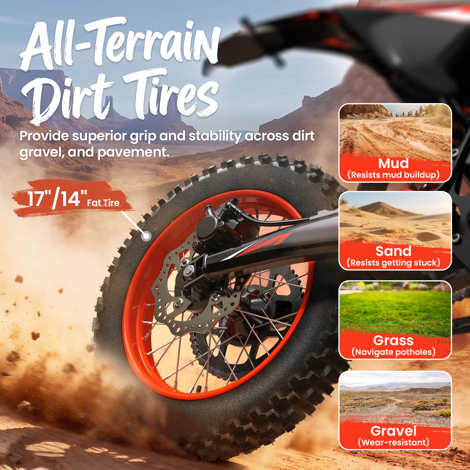 QRONGE X1 Spark L Orange Electric Dirt Bike 4500W Peak Electric Motorcycle 60V 28.8Ah E-Dirt Bike 50MPH 60 Mile Range E-Bike 17"/14"Fat Tire Electric Motorcycle For Mountain Off-Road Adults Teens 1-Year Warranty - view 5