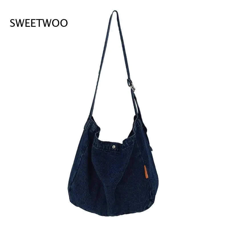 Casual Washed Denim Crossbody Bag Adjustable Wide Strap Large Capacity Soft Jean Shoulder Bag for Daily School and Street Style view 6